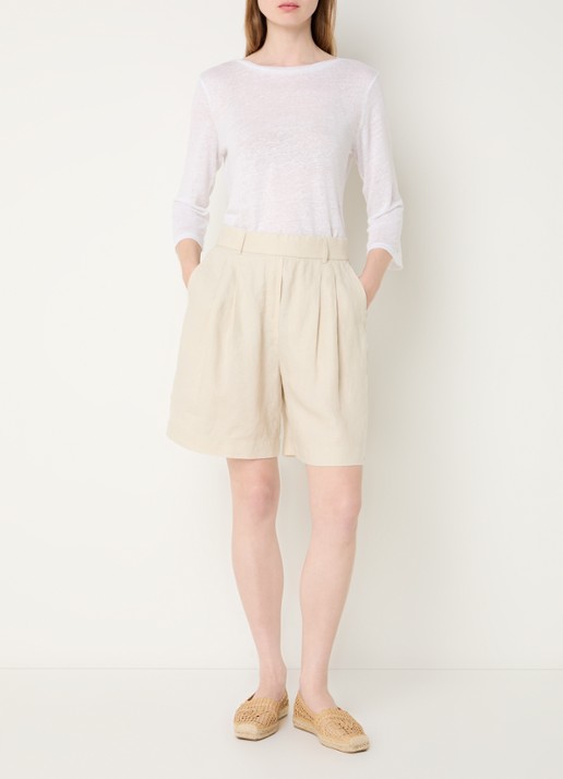 Benetton Bermuda high waist loose fit korte broek van linnen - voorkant 2 zand