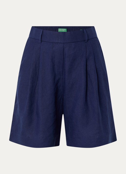 Benetton Bermuda high waist loose fit korte broek van linnen - voorkant royalblauw