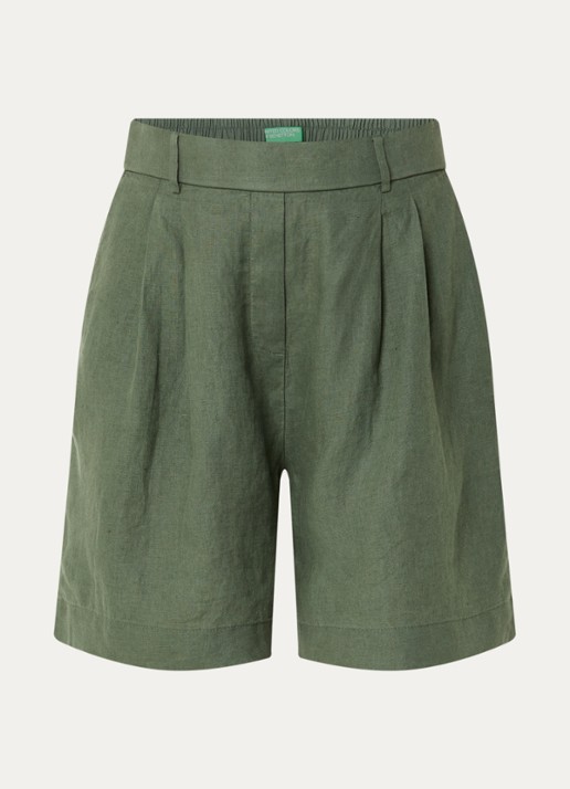 Benetton Bermuda high waist loose fit korte broek van linnen - voorkant 3 groen