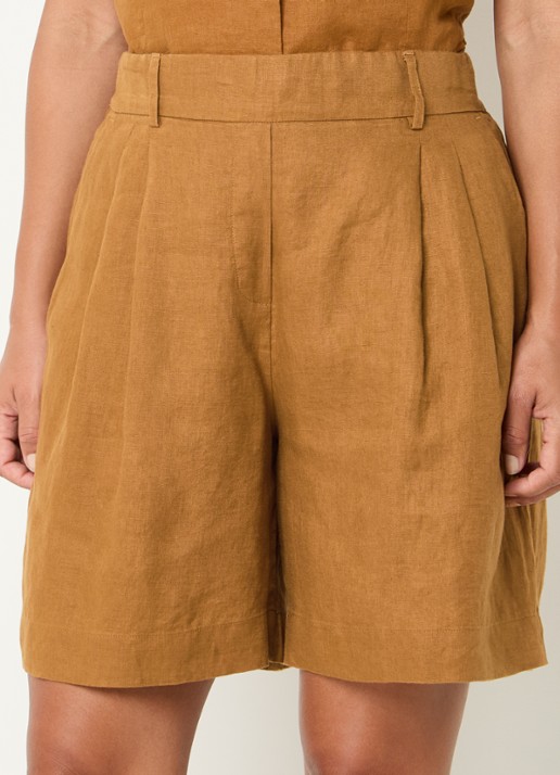 Benetton Bermuda high waist loose fit korte broek van linnen - detail 4 camel
