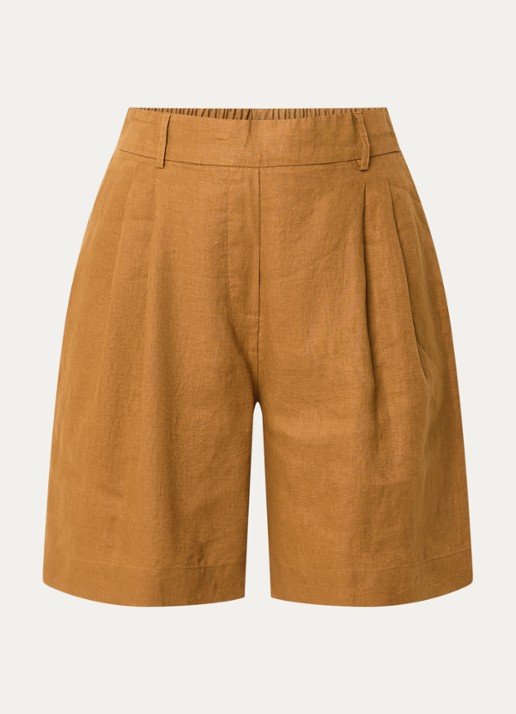 Benetton Bermuda high waist loose fit korte broek van linnen - voorkant camel
