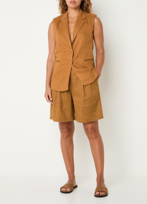 Benetton Bermuda high waist loose fit korte broek van linnen - voorkant 2 camel