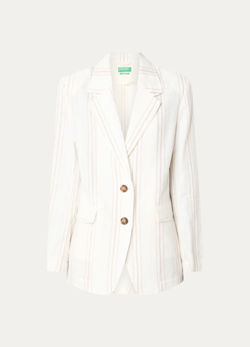Benetton Blazer in linnenblend met streepprint en klepzakken - voorkant 2 creme