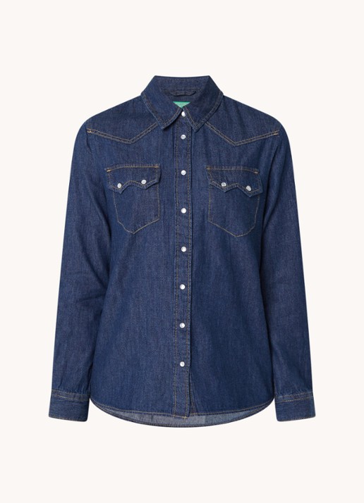 Benetton Blouse van chambray met borstzakken - voorkant indigo