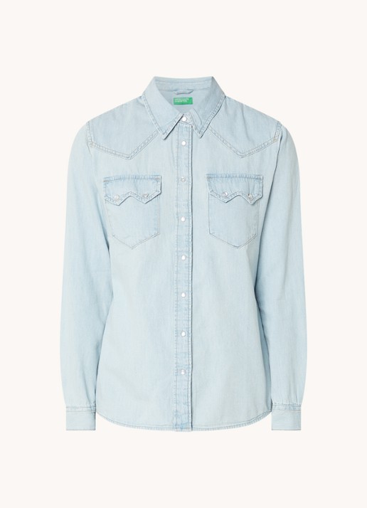 Benetton Blouse van chambray met borstzakken - voorkant 2 lichtblauw