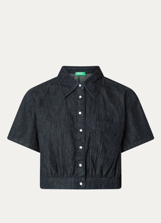 Benetton Blouse van denim met borstzak - voorkant 2 indigo