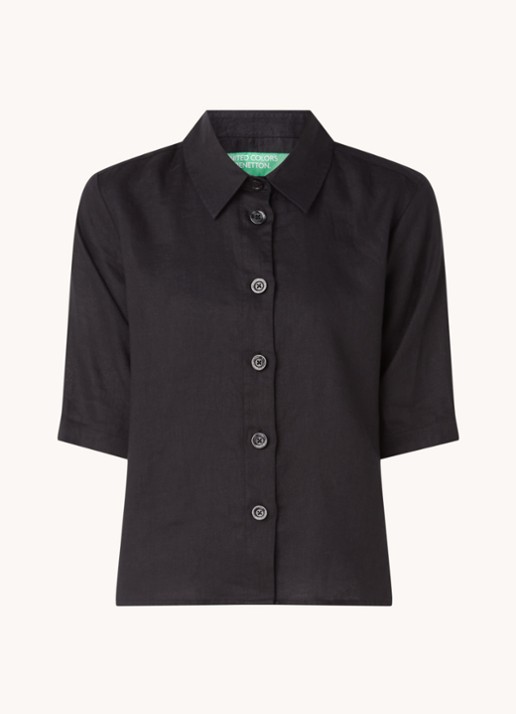 Benetton Blouse van linnen met halflange mouw - voorkant zwart