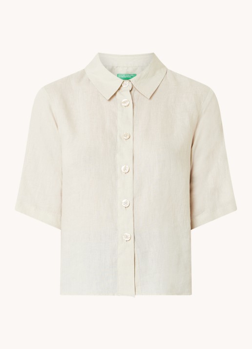 Benetton Blouse van linnen met halflange mouw - voorkant zand