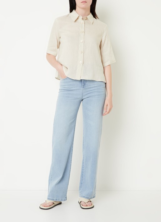 Benetton Blouse van linnen met halflange mouw - voorkant 2 zand