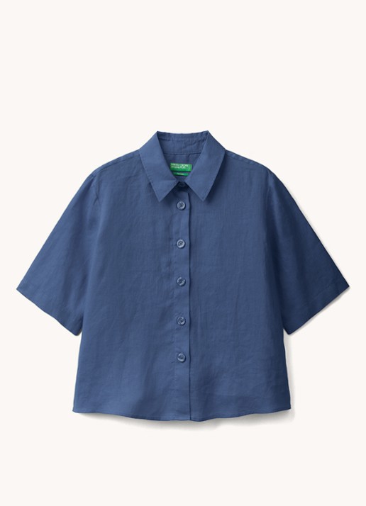 Benetton Blouse van linnen met halflange mouw - voorkant kobaltblauw
