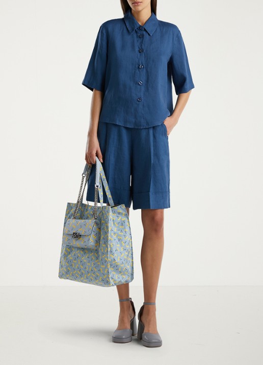 Benetton Blouse van linnen met halflange mouw - voorkant 3 kobaltblauw