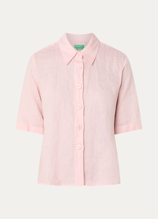 Benetton Blouse van linnen met halflange mouw - voorkant 2 zalmroze