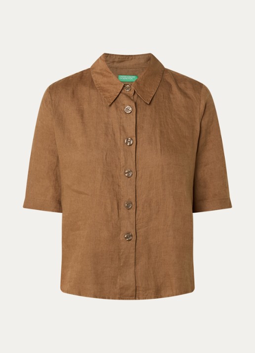 Benetton Blouse van linnen met halflange mouw - voorkant cognac