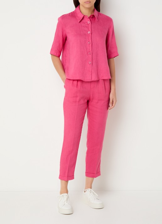 Benetton Blouse van linnen met halflange mouw - voorkant 3 fuchsia