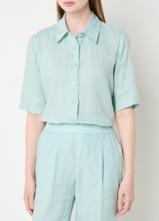 Benetton Blouse van linnen met halflange mouw - detail turquoise