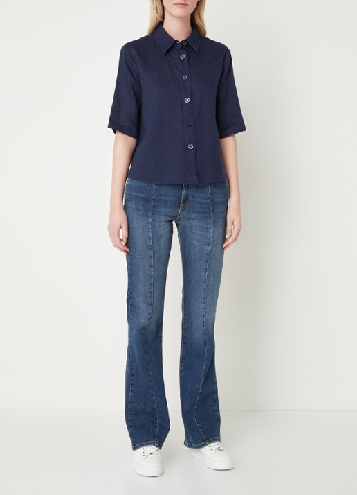 Benetton Blouse van linnen met halflange mouw - voorkant 3 donkerblauw