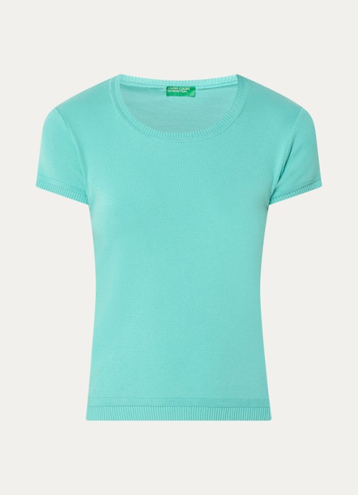 Benetton Fijngebreid T-shirt met ronde hals - voorkant turquoise