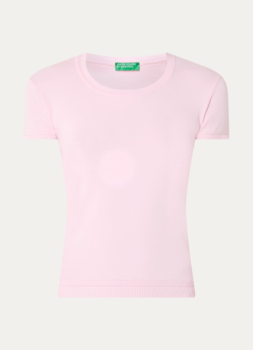 Benetton Fijngebreid T-shirt met ronde hals - voorkant zalmroze