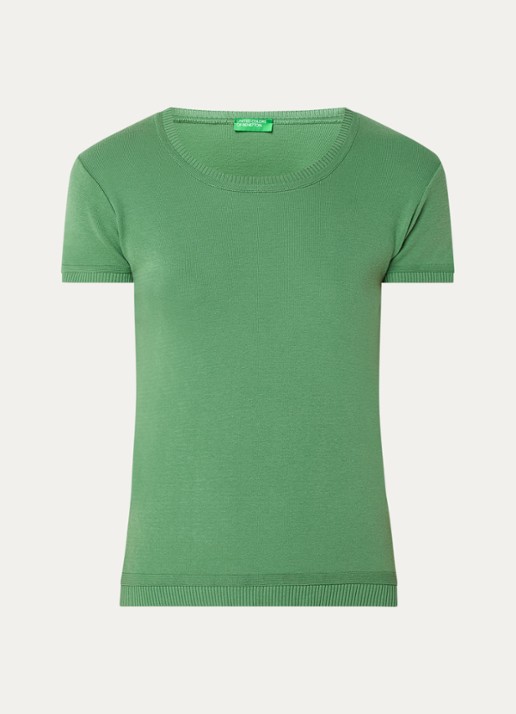 Benetton Fijngebreid T-shirt met ronde hals - voorkant 2 olijfgroen