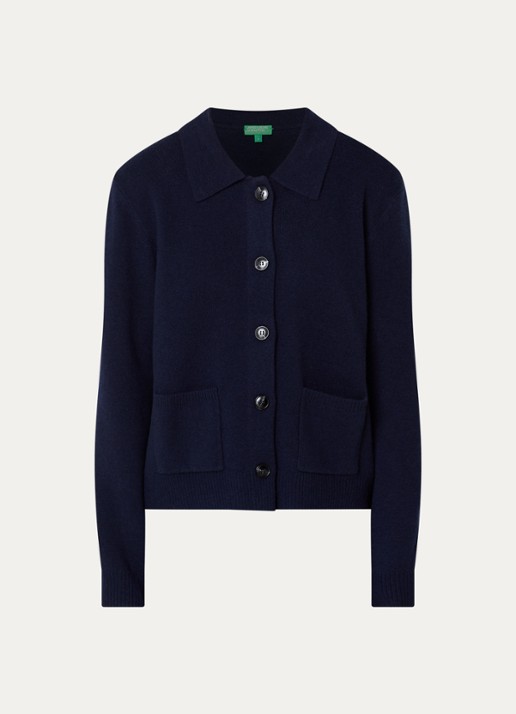 Benetton Fijngebreid vest in kasjmierblend met kraag en opgestikte zakken - voorkant donkerblauw