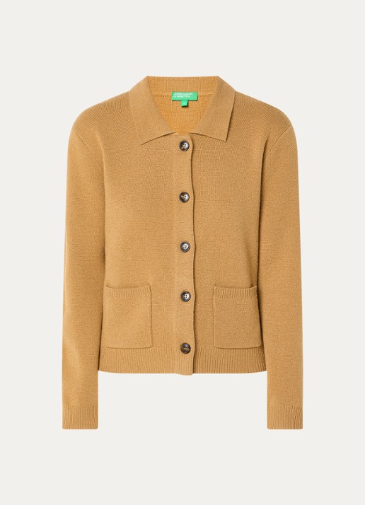 Benetton Fijngebreid vest in kasjmierblend met kraag en opgestikte zakken - voorkant camel