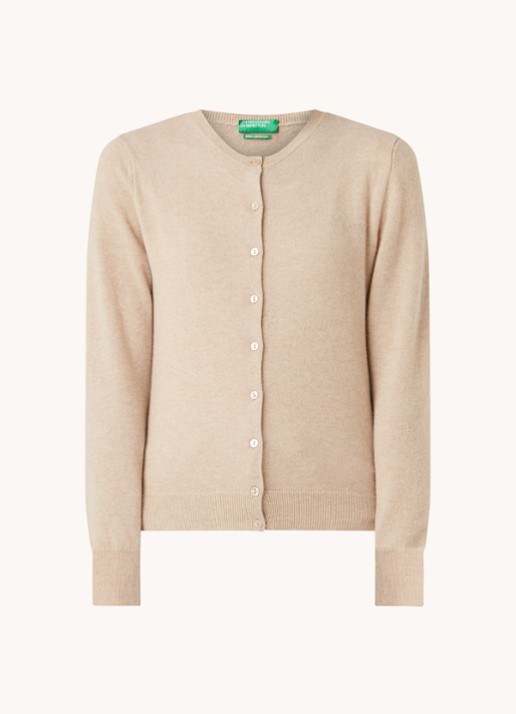 Benetton Fijngebreid vest van wol met ronde hals - voorkant camelmelee-562 / beige