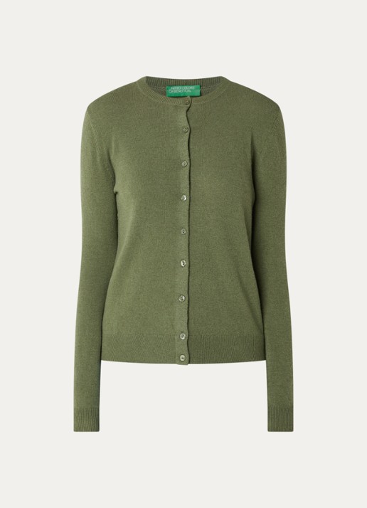 Benetton Fijngebreid vest van wol met ronde hals - voorkant 2 groen-15r / legergroen
