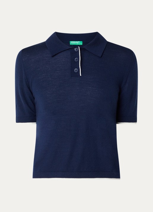Benetton Fijngebreide polo van scheerwol - voorkant 2 donkerblauw