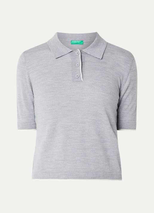 Benetton Fijngebreide polo van scheerwol - voorkant 3 lichtgrijs