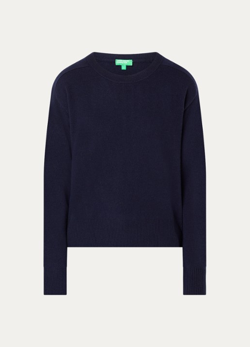 Benetton Fijngebreide pullover in kasjmierblend met ronde hals - voorkant 2 donkerblauw