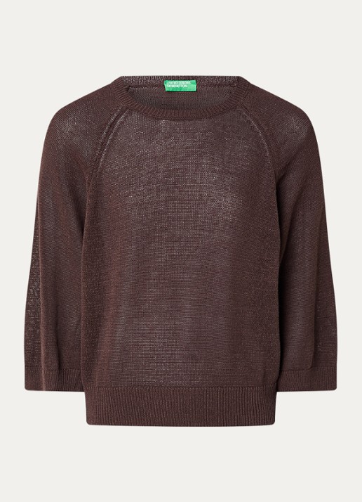 Benetton Fijngebreide pullover in linnenblend met ronde hals - voorkant bruin
