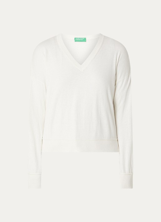 Benetton Fijngebreide pullover in wolblend met V-hals - voorkant 2 creme