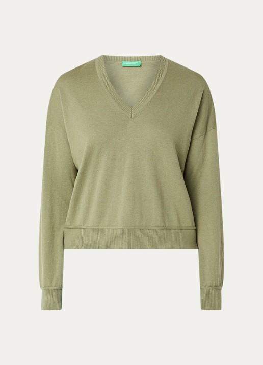 Benetton Fijngebreide pullover in wolblend met V-hals - voorkant groen