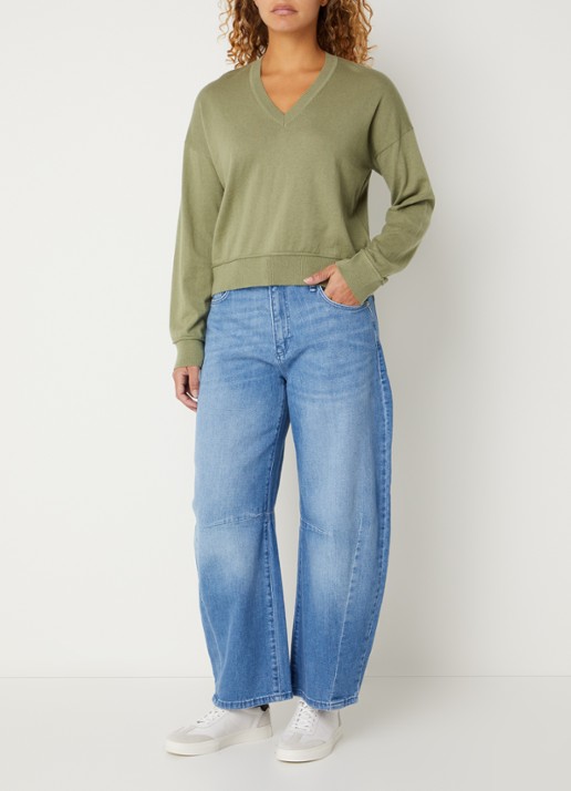 Benetton Fijngebreide pullover in wolblend met V-hals - voorkant 2 groen