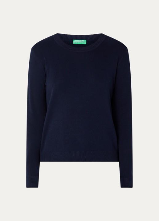 Benetton Fijngebreide pullover met ronde hals - voorkant 2 donkerblauw