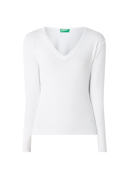 Benetton Fijngebreide pullover met V-hals - voorkant gebroken wit
