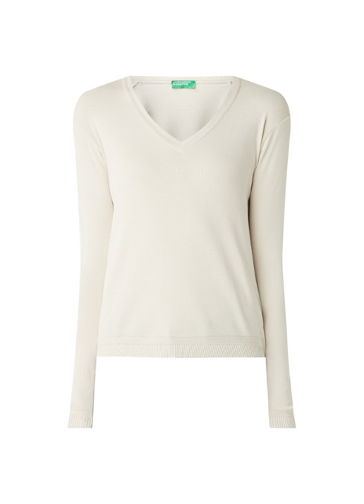 Benetton Fijngebreide pullover met V-hals - voorkant zand