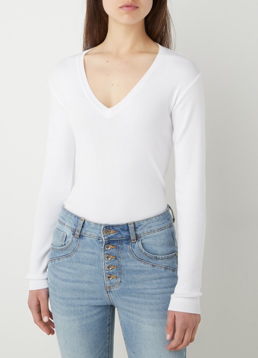 Benetton Fijngebreide pullover met V-hals - detail 5 gebroken wit