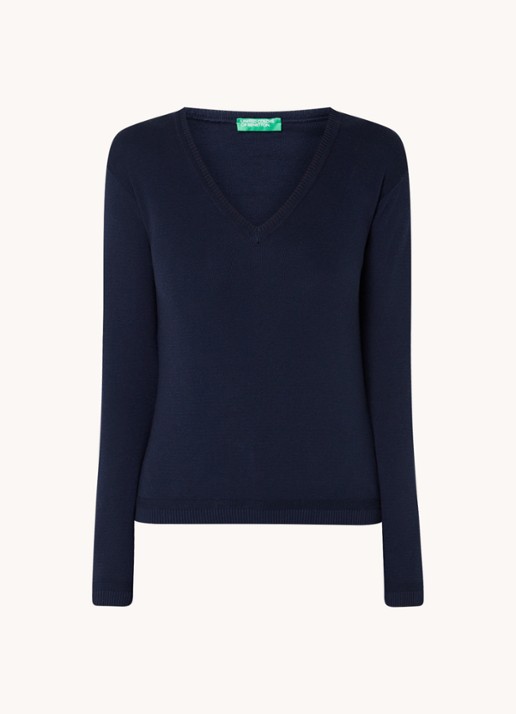 Benetton Fijngebreide pullover met V-hals - voorkant 3 donkerblauw