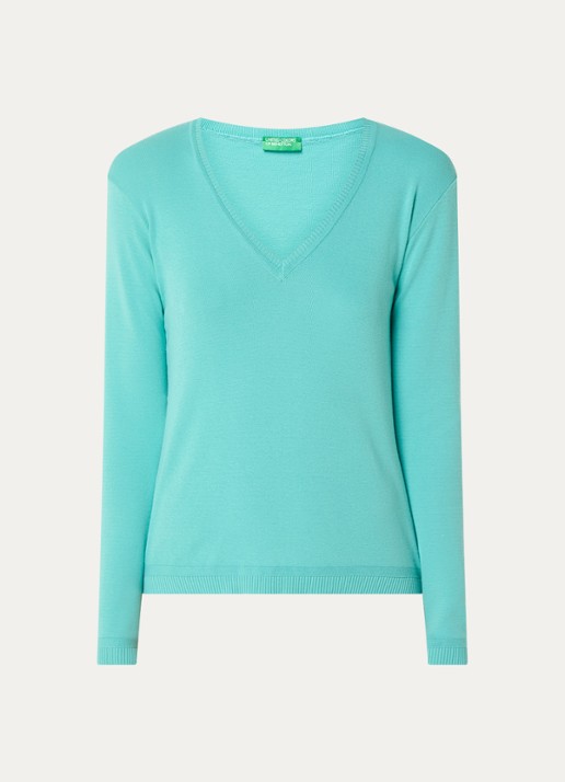 Benetton Fijngebreide pullover met V-hals - voorkant 3 turquoise