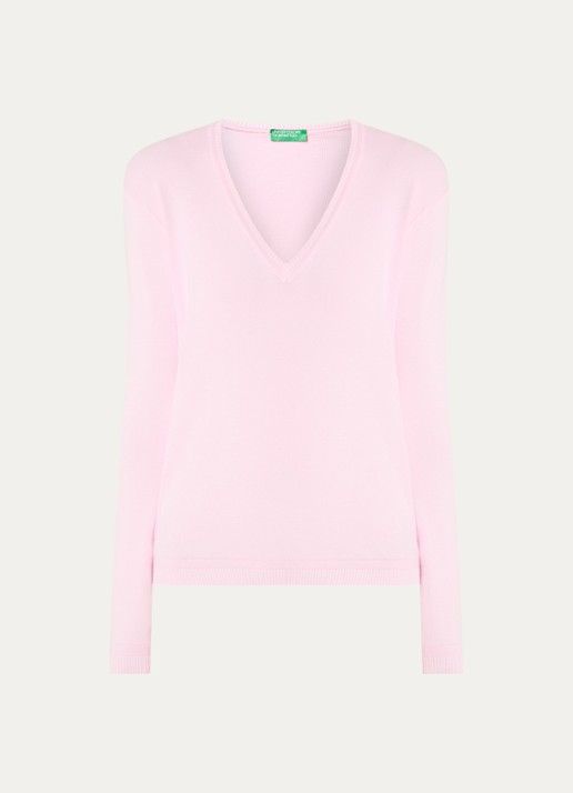 Benetton Fijngebreide pullover met V-hals - voorkant oudroze