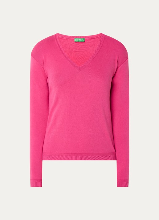 Benetton Fijngebreide pullover met V-hals - voorkant 3 fuchsia