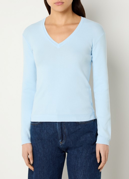 Benetton Fijngebreide pullover met V-hals - detail 4 lichtblauw
