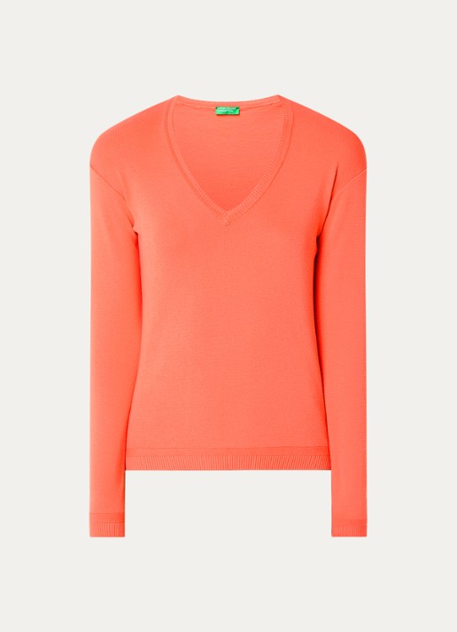 Benetton Fijngebreide pullover met V-hals - voorkant 3 orange