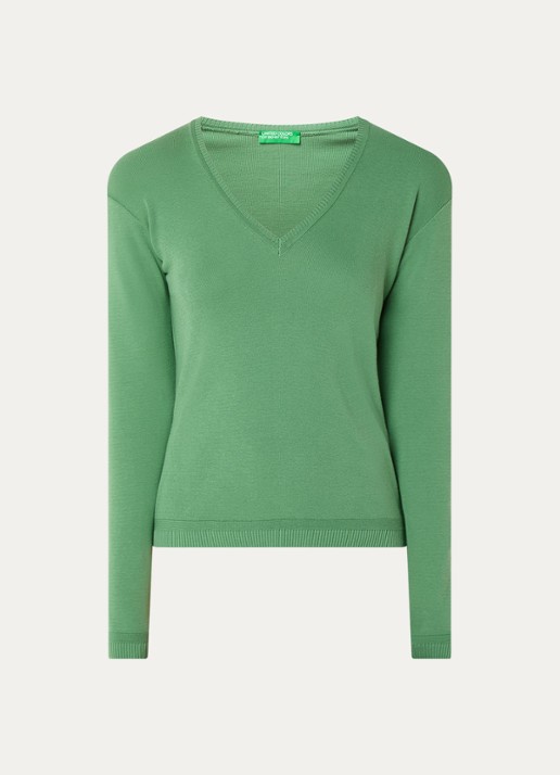 Benetton Fijngebreide pullover met V-hals - voorkant 3 olijfgroen