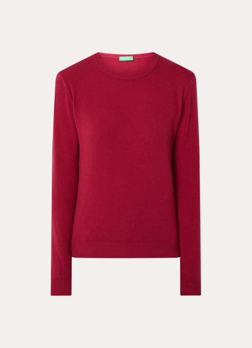 Benetton Fijngebreide pullover van merino wol - voorkant 2 kersenrood