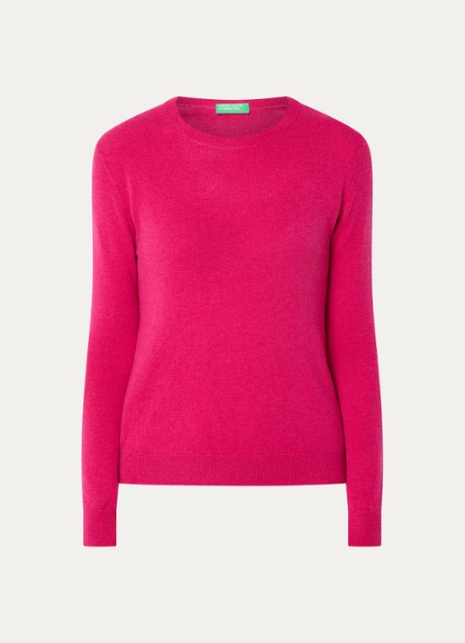 Benetton Fijngebreide pullover van merino wol - voorkant fuchsia