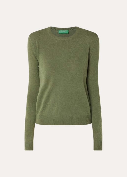 Benetton Fijngebreide pullover van merino wol - voorkant mosgroen