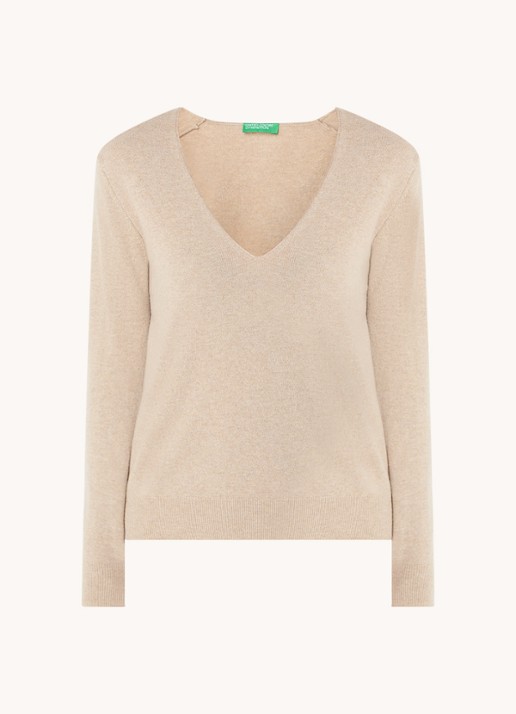 Benetton Fijngebreide pullover van scheerwol met V-hals - voorkant beige