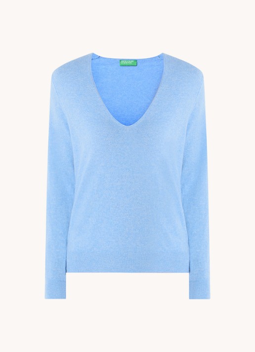 Benetton Fijngebreide pullover van scheerwol met V-hals - voorkant blauwgrijs